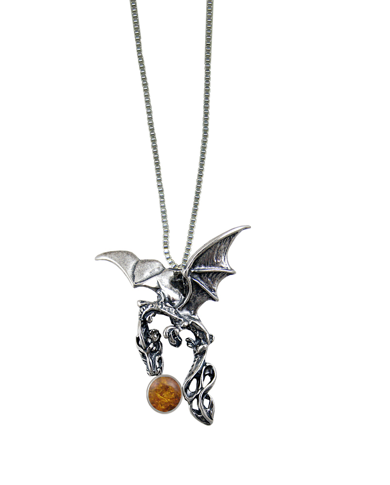 Sterling Silver Dark Sky Dragon Pendant With Amber